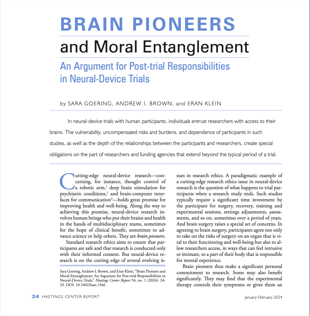 Screenshot of the first page of the article titled Brain Pioneers and Moral Entanglement: An Argument for Post‐trial Responsibilities in Neural‐Device Trials.